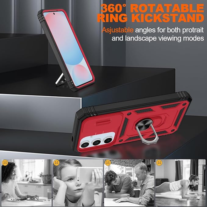 Gritup for Phone Case Samsung S24 FE: S24 FE Case with 2*Screen Protector | Magnetic Stand & Slide Camera Cover | Shock Proof Military-Grade Funda para S 24 FE Cover -Red+Black - Image 8