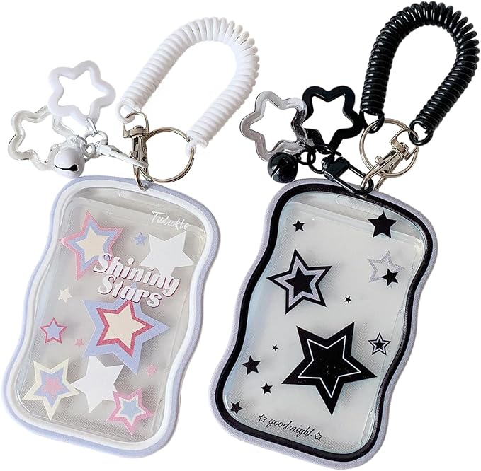 2 Pieces Creative Lucky Stars Photocard Holder Keychain Protective Sleeves - Transparent Cover Case for Bus Card, Student ID, and Photo Display (Black, White) by Unknown