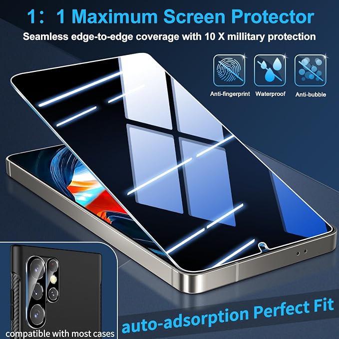3 Pack Privacy Screen Protector for Samsung Galaxy S26 Ultra Tempered Glass + 2 Pack Camera Lens Protector, True 25°Anti Spy, Military Grade Shatterproof, 9H+ Hardness, Auto Alignment Frame 6.9" - Image 6