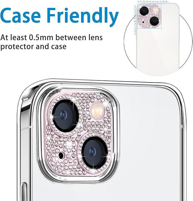 Designed for iPhone 14 and iPhone 14 Plus Camera Lens Protector, Bling 3D Rhinestone Sparkle Diamond 9H Tempered Glass Camera Cover Anti Scratch Lens Screen Full Protective Cover, Pink - Image 3