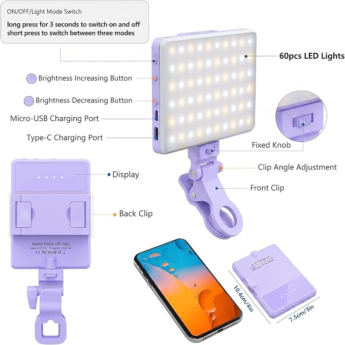 Selfie Light, Phone Light with Front & Back Clip, 60 LED Portable Light with 3 Modes, 5000mAh Rechargeable Video Light for Phone, iPhone, IPad, Laptop, TikTok, Makeup, Live Stream, Vlog(Purple) - Image 4