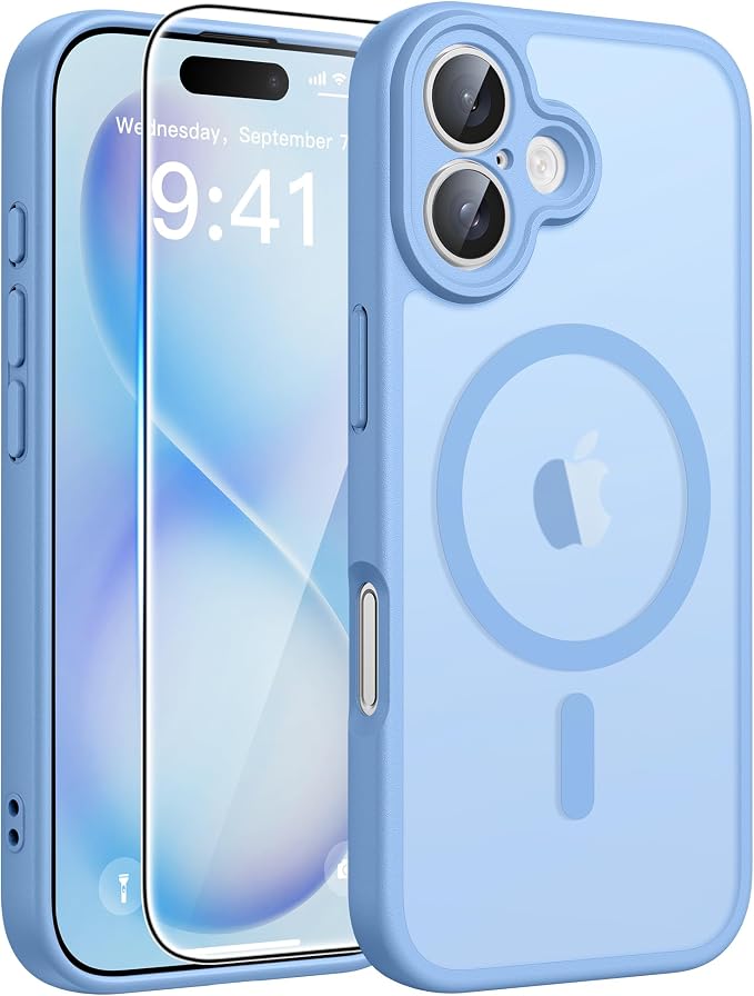FNTCASE for iPhone 16 Plus Case, Fit for Magsafe, Screen Protector | Full Camera Protection, Translucent Matte, 14FT Military Grade Drop Proof, Shockproof Protective Phone Cover, Light Blue by FNTCASE