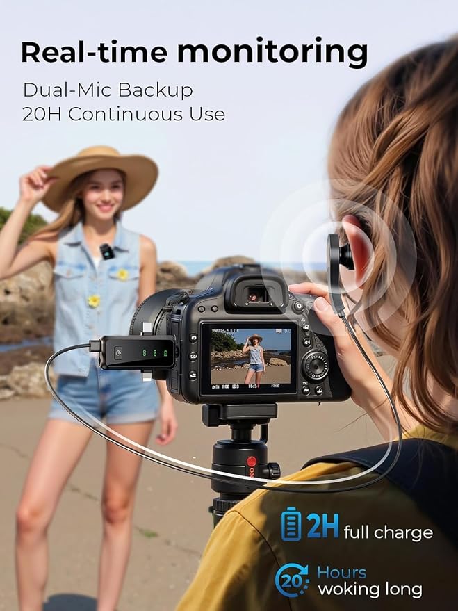 MENERESAS Wireless Microphone for iPhone: 40dB Noise Canceling Mini Mic with 20Hz-20kHz Audio, 328ft Range, 20H Battery, 3-in-1 Lavalier Microphone for Video Recording - Image 4