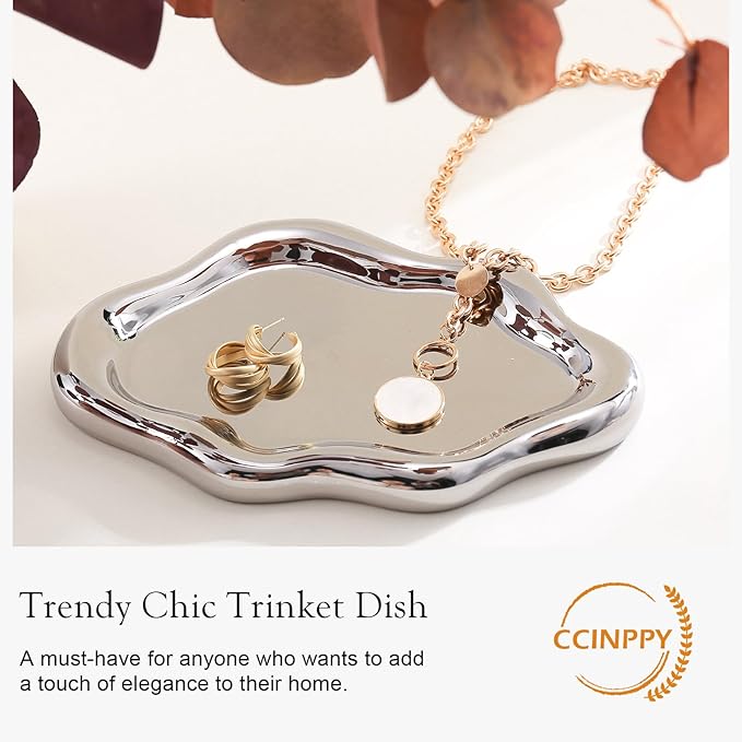 CCINPPY Ceramic Cloud Jewelry Tray Trinket Dish Key Bowl Nightstand Decor | Decorative Small Desk Tray Jewelry Plate Key Holder Bowl Cute Bedroom Room Decor Aesthetic, Gift for Women, Silver Large - Image 4