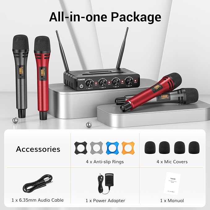 TONOR Wireless Microphones System, Handheld Microfono Inalambrico, Red | 4x10 Channels Cordless Mics, 60 m/200FT UHF Range with Stable Signal Transmission for Karaoke Singing Party Church Wedding - Image 9