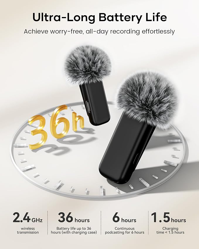 Wireless Lavalier Microphone with Charging Case, 36H Battery Life, Noise Cancellation, 135ft Range, Plug-and-Play Clip-On Mic for iPhone, iPad, Android, YouTube, Vlog, Live Streaming - Image 5