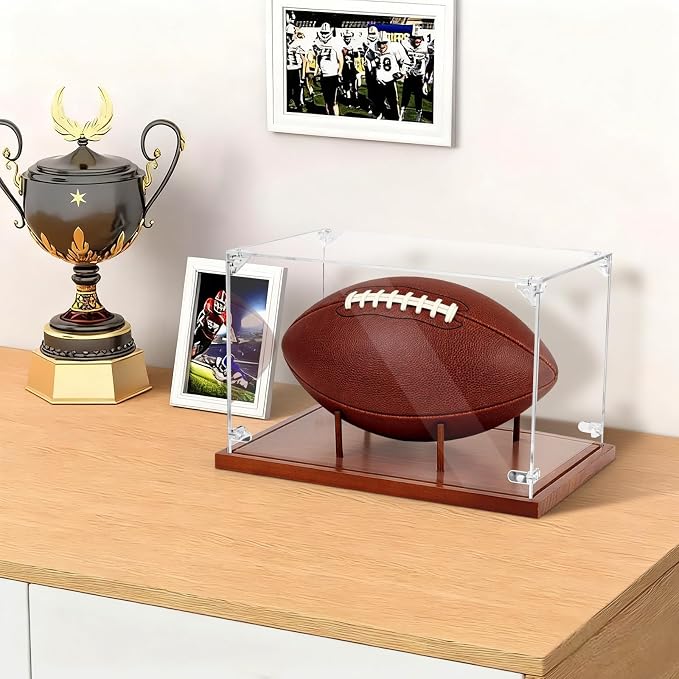 Clear Acrylic Football Display Case with Wood Base & Tee, Memorabilia Stand Cube Holder, Dust Protection Transparent Storage Box for Single Ball Souvenir Football Collections - Image 4