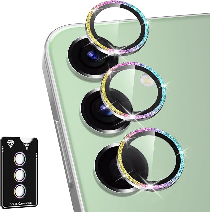 for Samsung Galaxy S24 FE Camera Lens Protector, Individual Metal Ring Tempered Glass Lens Cover, [Strong Adsorption] Scratch Resistant Ultra-Thin HD Clear Lens Cover, 1 Set-Colorful Sparkly by Btscase