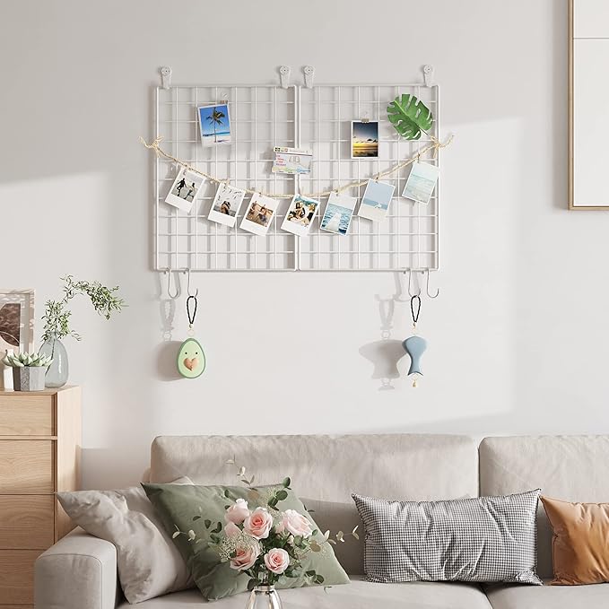 C&AHOME Photo Wall Display Set of 2, Wall Grid Panel, 15.7" x 11.8", White | Photo Display Shelves, Wall Storagae Organizer, Hooks, Clips, Hemp Cord, Hammer - Image 5