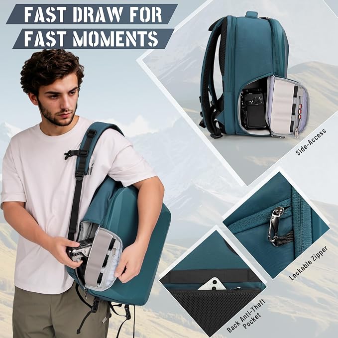 RAINSMORE Camera Backpack Hard Shell for DSLR/SLR Waterproof Camera Bag with Laptop Compartment 15.6 Inch Professional Camera Case with Rain Cover Photography Backpack Bag with Camera Lens Case Green - Image 4