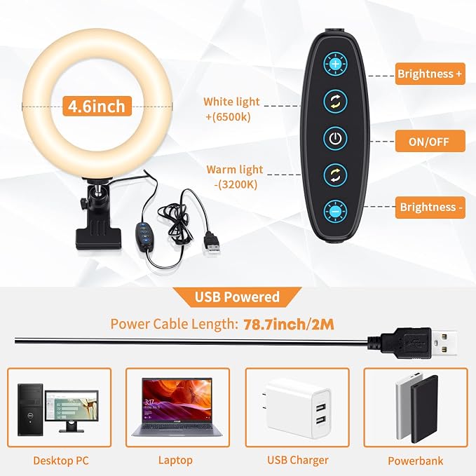 Video Conference Lighting Kit, Ring Light Clip on Laptop Monitor with 5 Dimmable Color & 5 Brightness Level for Webcam Lighting/Zoom Lighting/Remote Working/Self Broadcasting and Live Streaming, etc. - Image 6