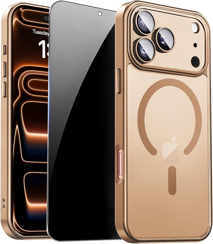 for iPhone 17 Pro Max Case with Privacy Screen Protector, Brown | Full Camera Protection, Compatible with MagSafe, Magnetic Translucent Matte Shockproof Phone Cover for iPhone 17 ProMax by ZOZDOKG