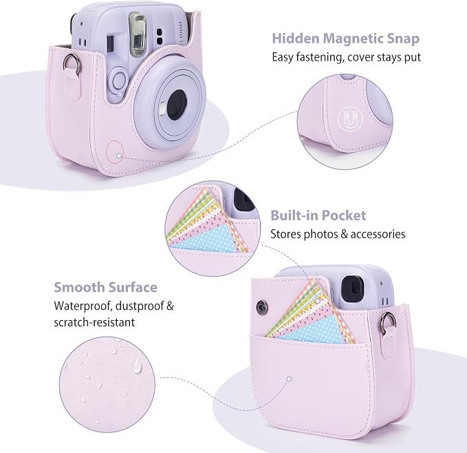 Phetium Mini 13 Camera Case for Fujifilm Instax Mini 13 12 Camera-Pink | Mini Camera Protective Case,PU Leather Bag,Photo Storage Pocket,Adjustable Shoulder Strap,Magnetic Flip - Image 4