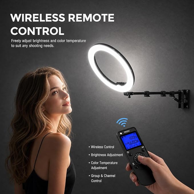 18” Ring Light with Wall Mount Stand and Wireless Remote, 4 Color Filters Bi-Color LCD Display 60W 3000-5800K CRI≥97 Light Ring for Video Recording/Photography/Beauty Shop/Tattoo/Barber | Bi-Color LCD Display 60W 3000-5800K CRI≥97 Light Ring for Video ... - Image 3
