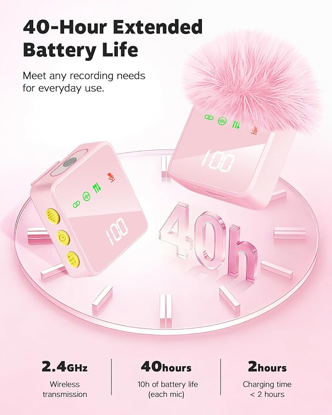 Wireless Lavalier Microphone for iPhone, Android, Cameras 4 Packs | Mini Microphone with Noise Reduction, 40H Battery Life, 4 Mic for Video Recording, Podcasts, Vlog, TikTok and YouTube (Pink) - Image 3