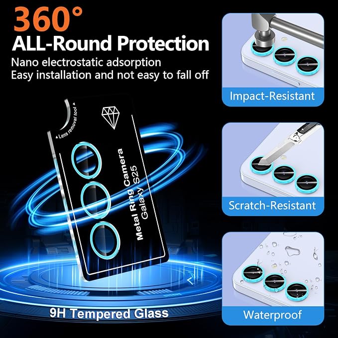 for Samsung Galaxy S25 Camera Lens Protector, Individual Metal Ring Tempered Glass Lens Cover, [Strong Adsorption] Scratch Resistant Ultra-Thin HD Clear Lens Cover, 1 Set-Blue Shine - Image 4