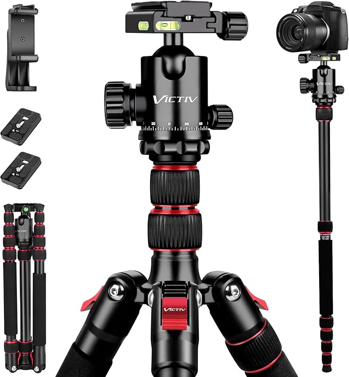 Victiv Camera Tripod, 80" Ball Head Tripod with Carry Bag & Phone Holder | Professional Aluminum Heavy Duty Tripod Stand, 2-in-1 Camera Tripods & Monopods for DSLR Binoculars Spotting Scope Telescope by Victiv