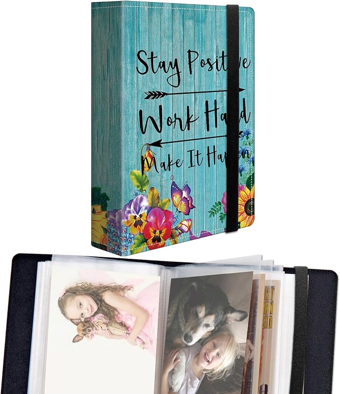 DEGDFSGR Small Photo Album 4x6 60 Pockets 120 Photos - Adventure Book Baby Photo Albums Photo Books for 4X6 Pictures Memory Book with Black Elastic Band for Photo Storage (Stay Positive, 4 X 6) by Unknown