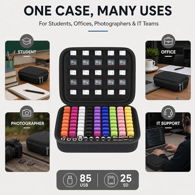 Comecase USB Flash Drive Case, Holds 85 USB Drives and 25 SD Cards | Pre-Cut Foam Stores 85 USB & 25 SD Cards; EVA Hard Shell, Black, X-Large, Case Only - Image 8