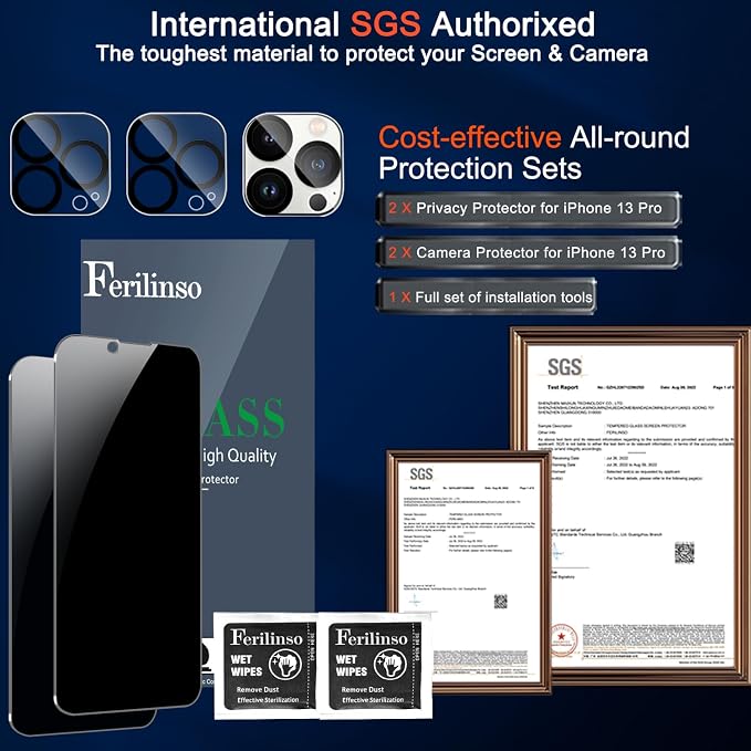 Ferilinso Privacy Screen Protector for iPhone 13 Pro, Tempered Glass | 2 Pack, 9H+ Hardness, Military-Grade Shatterproof, Case Friendly, Easy Installation Bubble Free, with Camera Lens Protectors - Image 2