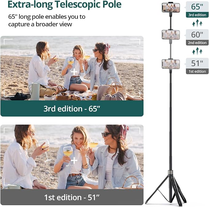 ATUMTEK 65" Selfie Stick Tripod, All in One Extendable Phone Tripod Stand with Bluetooth Remote 360° Rotation for iPhone and Android Phone Selfies, Video Recording, Vlogging, Live Streaming, Black - Image 2