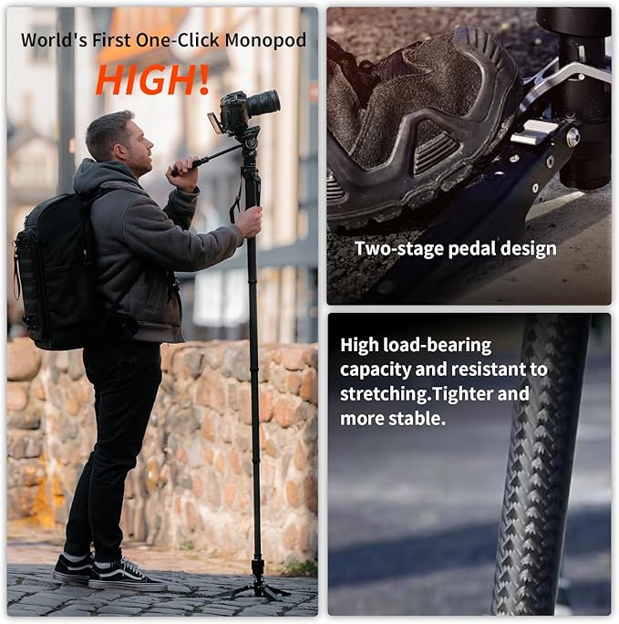 One-Click Lifting Carbon Fiber Monopod, 69‘’ Camera Monopod with Feet, Lightweight Travel Tripod with Quick Release Plate for Camera, DSLR, Camcorder, Max Load 22lbs/10kg (M1ProV5) - Image 3
