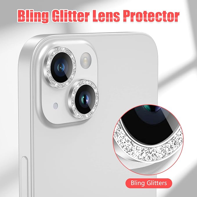 AGVEE 3+3 6 Pack for iPhone 14/14 Plus Camera Lens Protector Cover | Individual Bling Diamond & Bling Glitter Sparkle Cute Gem Metal Ring, 9H Tempered HD Glass - Image 5