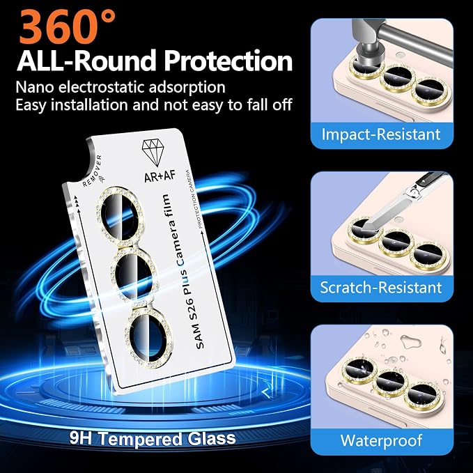 for Samsung Galaxy S26 Plus Camera Lens Protector, Individual Metal Ring Tempered Glass Lens Cover, [Strong Adsorption] Scratch Resistant Ultra-Thin HD Clear Lens Cover, 1 Set-Gold Diamond - Image 2