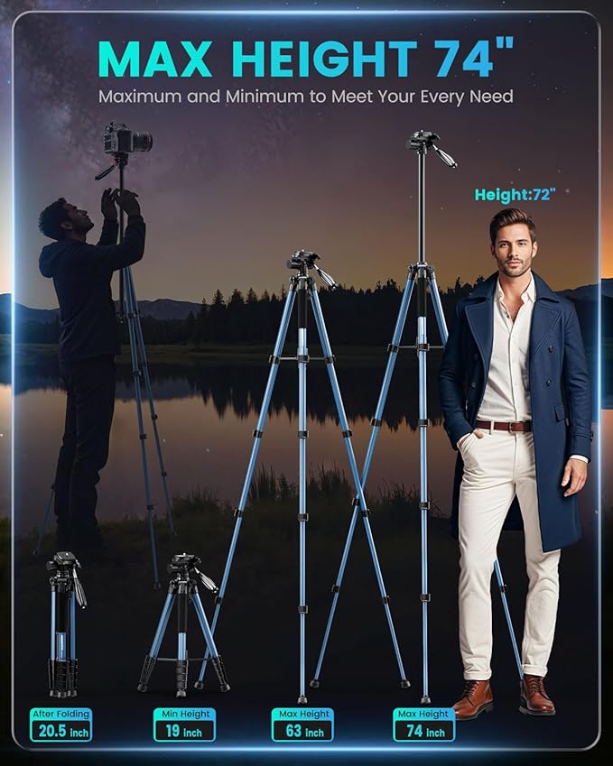 CAMBOFOTO 74″ Camera Tripod, 360° Aluminum Lightweight Tripod/Navy Blue | Heavy‐Duty Professional Tripod Stand for DSLR & Mirrorless Cameras/Smartphones/GoPro, with 360° Pan Head/Phone Mount - Image 3
