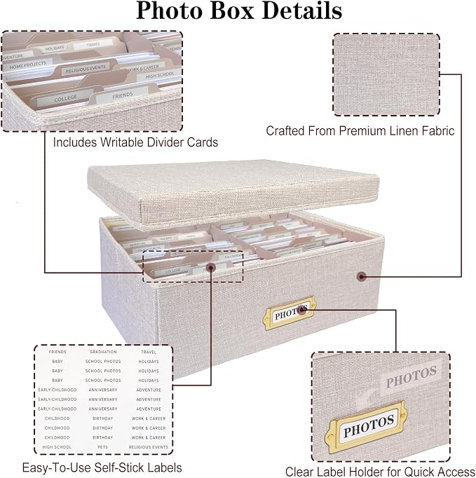 Linen Photo Storage Box – Holds 1700 Photos, Photo Organizer with Lid for Photo, Pictures, 24 Adjustable Dividers & 72 Labels Multi-Use Organizer Memory Box for Envelopes, Baby, Wedding, Cards Beige - Image 4