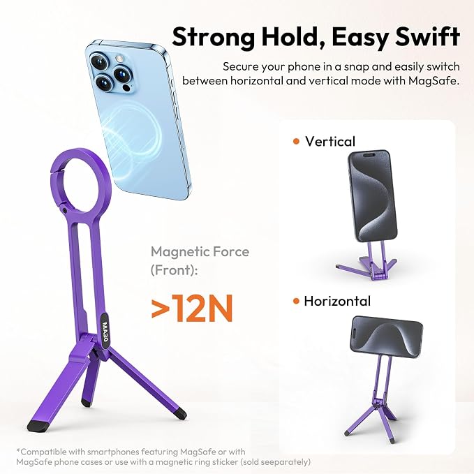 ULANZI MA30 Magnetic Phone Tripod Stand for iPhone-Aluminium Maglock Smartphone Mini Tripod Pocket Cell Phone Stand Strong Magnet Quick Mount Compatible with iPhone 17 16 15 14 13 12 Series, Purple - Image 5