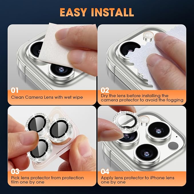 iPhone 16 Pro/16 Pro Max Camera Lens Protector Bling Diamond, Silver | Individual Metal, 9H Hardness, Scratch Resistant, Shockproof, Drop Protection, Case Friendly, Stylish Accessories - Image 7