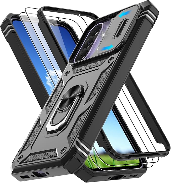 Gritup for Samsung Galaxy A37 5G Phone Case with Camera Cover | 2*Screen Protector | 360° Rotating Ring Kickstand, Military Grade Protective Cover para Samsung A 37, Black by Gritup