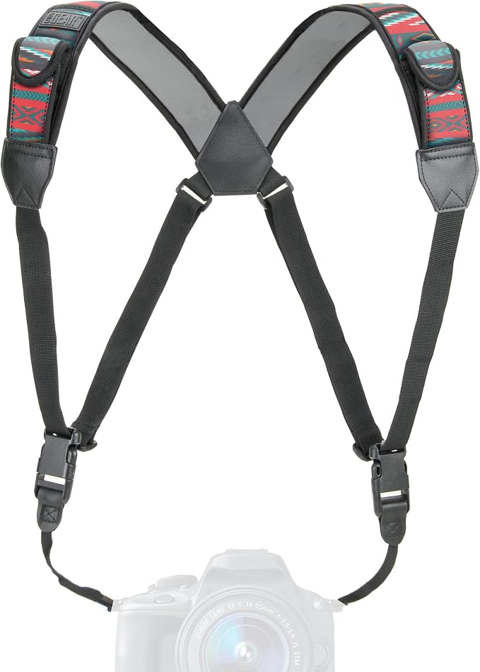 USA Gear DSLR Camera Strap Chest Harness with Quick Release Buckles, Southwest Neoprene Pattern and Accessory Pockets - Compatible with Canon, Nikon, Sony Point and Shoot and Mirrorless Cameras by USAGEAR