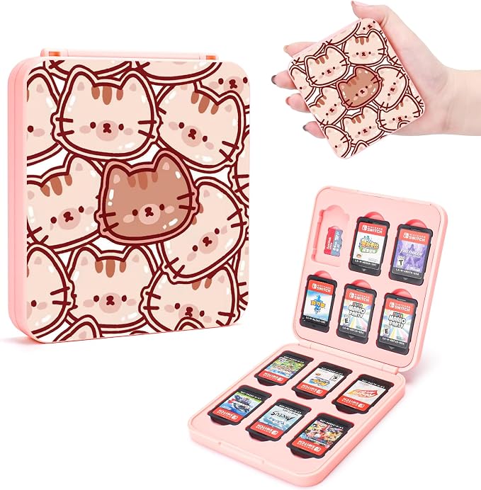 DLseego Game Card Case holder for Switch Lite/Switch/Switch OLED, Switch Game Cartridge Memory Card Portable Storage Box with 12 Game Card Slots and 12 Micro SD Card Slots-Brown Cat by DLseego