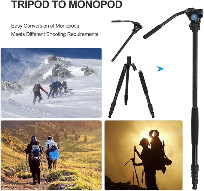 SIRUI Aluminum Camera Tripod Monopod with VA-5 Fluid Pan Head, 62.6″Heavy Duty Tripod Kit for DSRL, Binocular, Spotting Scope, Quick Release Plate, 1/4" 3/8" Screws, Payload 6.6lbs -Traveler VA - Image 3