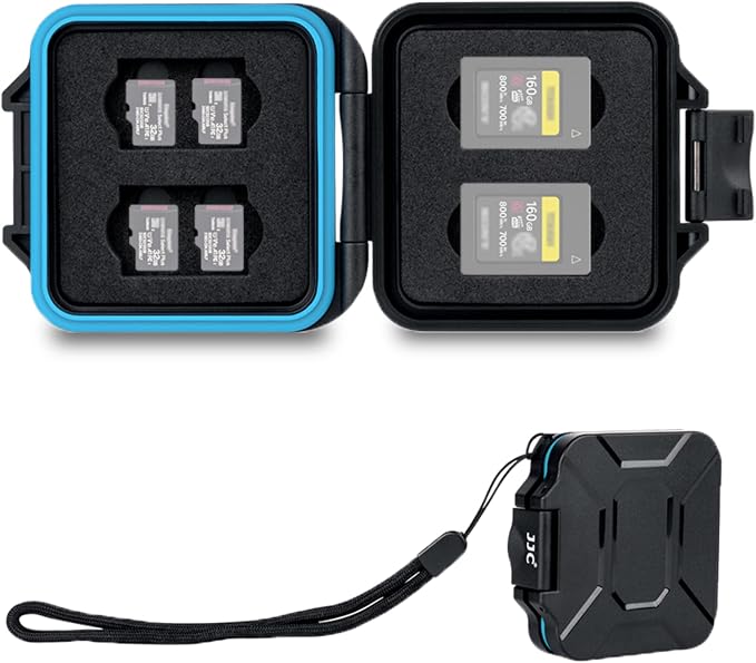 JJC Small CFexpress Type A Card Case Holder for 4 CF Type A & 8 Micro SD | 12 Slots, Slim & Lightweight Design, Water-Resistant & Shockproof, Soft EVA Interior, Includes Wrist Strap, Easy to Carry by JJC