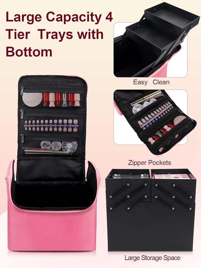 Large Makeup Nail Polish Organizer Bag, Makeup Case Storage Box, Pink | Nail Organizer Case-Adjustable Dividers, Waterproof, Detachable Shoulder Strap, Portable, Multipurpose Storage for Nail Tools - Image 3