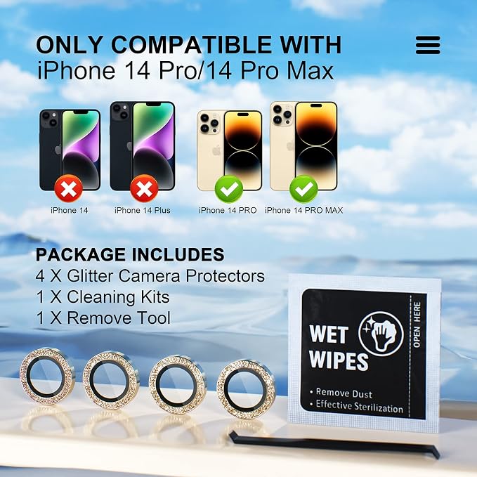 Misea Compatible for iPhone 14 Pro/iPhone 14 Pro Max Camera Lens Protector | 9H Tempered Glass Ultra HD Bling Camera Screen Protector Cover Metal Individual Ring Decoration Accessories, Gold Glitter - Image 2