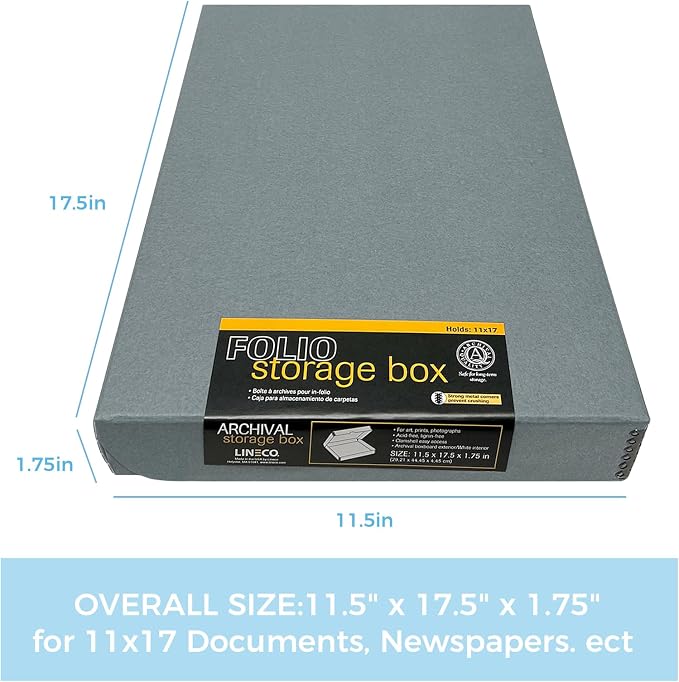 Lineco Clamshell Archival Storage Box, 11.5x17.5x1.75 Inch, Gray | Acid-Free with Metal Edge Boxboard, Organize and Store Photos Documents Cards Negatives Magazine Prints Family Records DIY - Image 2