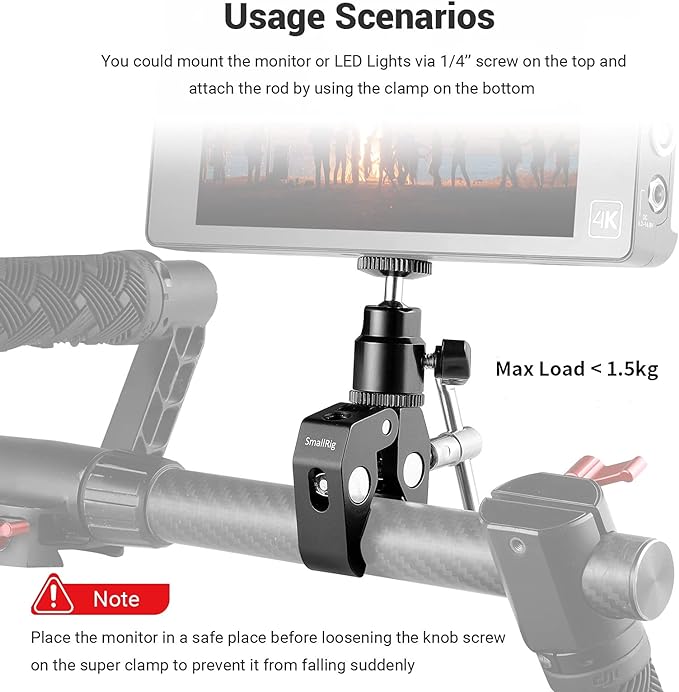 SMALLRIG Super Clamp Mount with Mini Ball Head Mount for Action Cameras | Hot Shoe Adapter with 1/4" screw for Monitors/Lights/Flash, for GoPro, for DJI, for Insta360 - Image 3