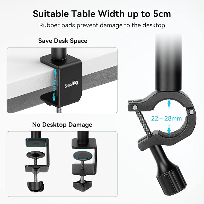 SMALLRIG Camera Desk Mount Table Stand, 13"-35.4" Adjustable Light Stand | Tabletop C Clamp with 1/4"-20 Screw Ball Head for DSLR Camera, Ring Light, Live Streaming, Photo Video Shooting - 3992 - Image 5