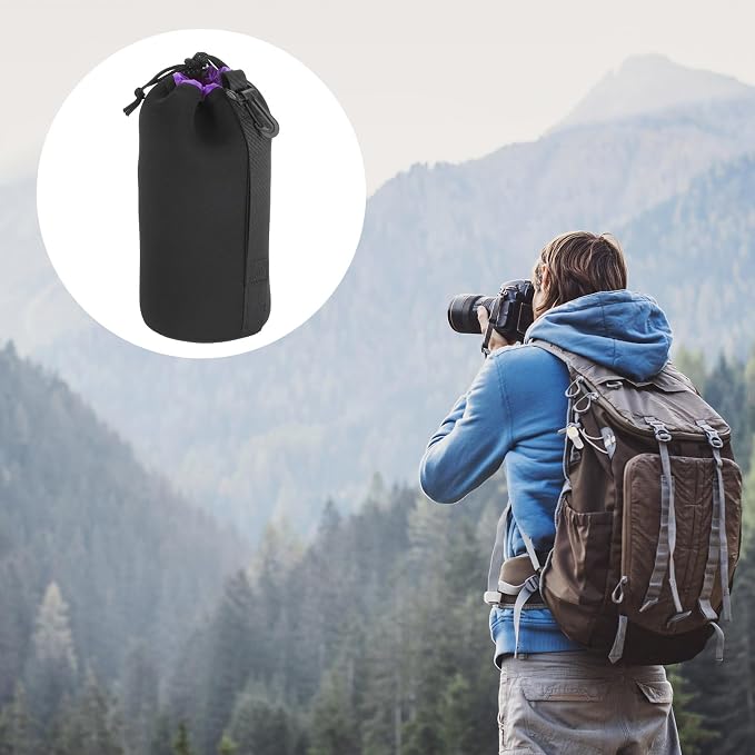 PATIKIL Camera Lens Bag, 3.5" IDx9.8 H Drawstring Lens Pouch with Thick Protective Neoprene, Lens Case for DSLR Camera Lens, Water Coffee Cups, Black, Purple - Image 7
