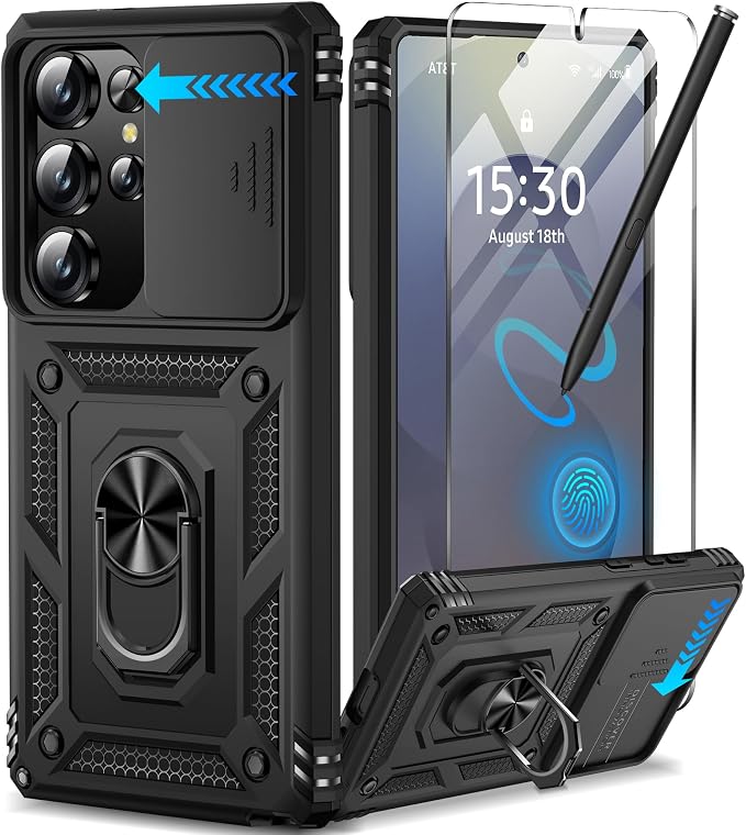 Taisairu for Samsung Galaxy S25 Ultra Case with Screen Protector & Slide Camera Lens Cover, Built-in Magnetic Ring Stand Shockproof Protective Phone Case for Samsung S25 Ultra Case (Black) by Taisairu
