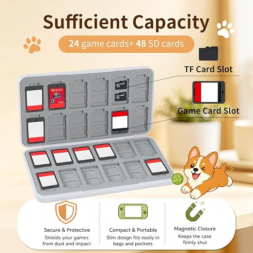 PERFECTSIGHT Switch Game Card Case for Nintendo Switch 2/ Lite / OLED, Switch 2 Game Holder Cartridge Case for 24 Game Cards and 48 SD Cards, Cute Kawaii Portable Compact Storage Box, Dog - Image 2
