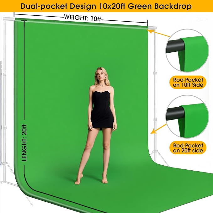 CPLIRIS 10x20ft Green Screen Backdrop for Photography, Dual-Size Dual-Pocket Design Chromakey Background for Photoshoot and Video with Both Options of 10 feet and 20 feet in Width - Image 2
