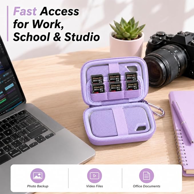 Comecase Dual SSD Case for SanDisk Extreme Portable SSD and Extreme PRO | Holds 2 Drives & 12 SD Cards, Elastic Strap Fit 500GB/1TB/2TB/4TB/8TB, Cable Groove & Carabiner for Travel, Purple, Box Only - Image 8