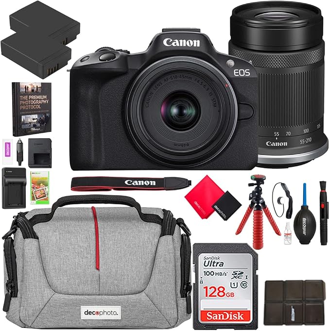 Canon EOS R50 Mirrorless Camera Body w/ 2 Lens Kit RF-S 18-45mm is STM and RF-S 55-210mm is STM 5811C022 Bundle w/Deco Gear Camera Bag + 2X Battery + 128GB Memory Card + Photography Ebook & More by Unknown