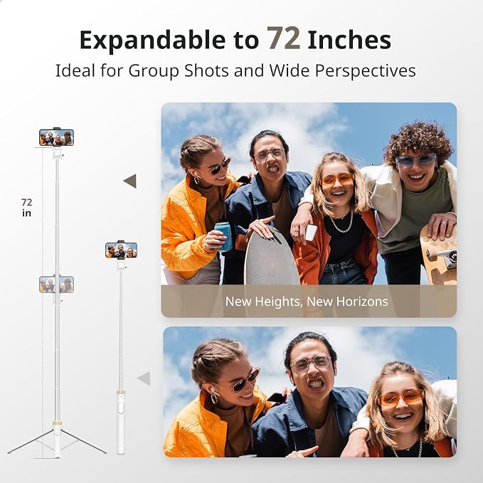 SENSYNE 72" Phone Tripod, Extendable for iPhone & Selfie Stick with Detachable Phone Holder & Wireless Remote, Compatible with All Cell Phones, Camera (White) - Image 3