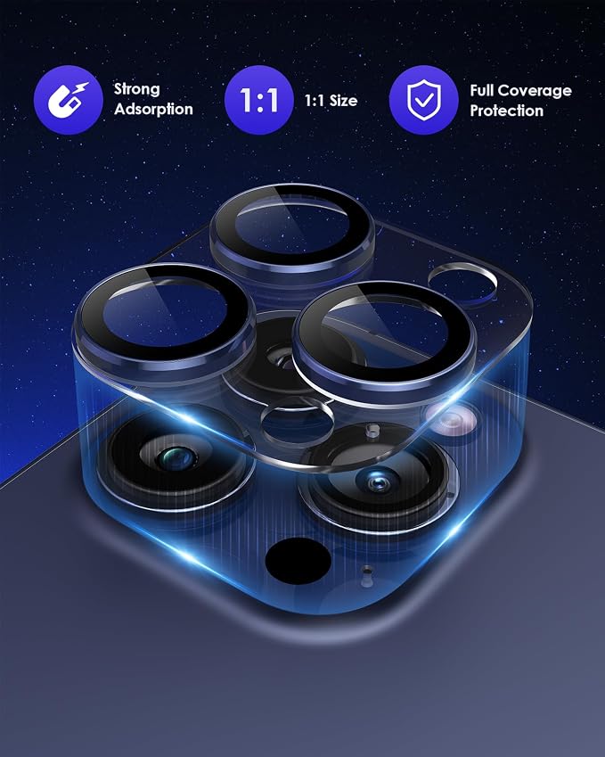 Compatible for iPhone 15 Pro/iPhone 15 Pro Max Camera Lens Protector, Clear Acrylic Plus Aluminium Alloy Ring 9H Tempered Glass Screen Camera Cover, Blue - Image 2